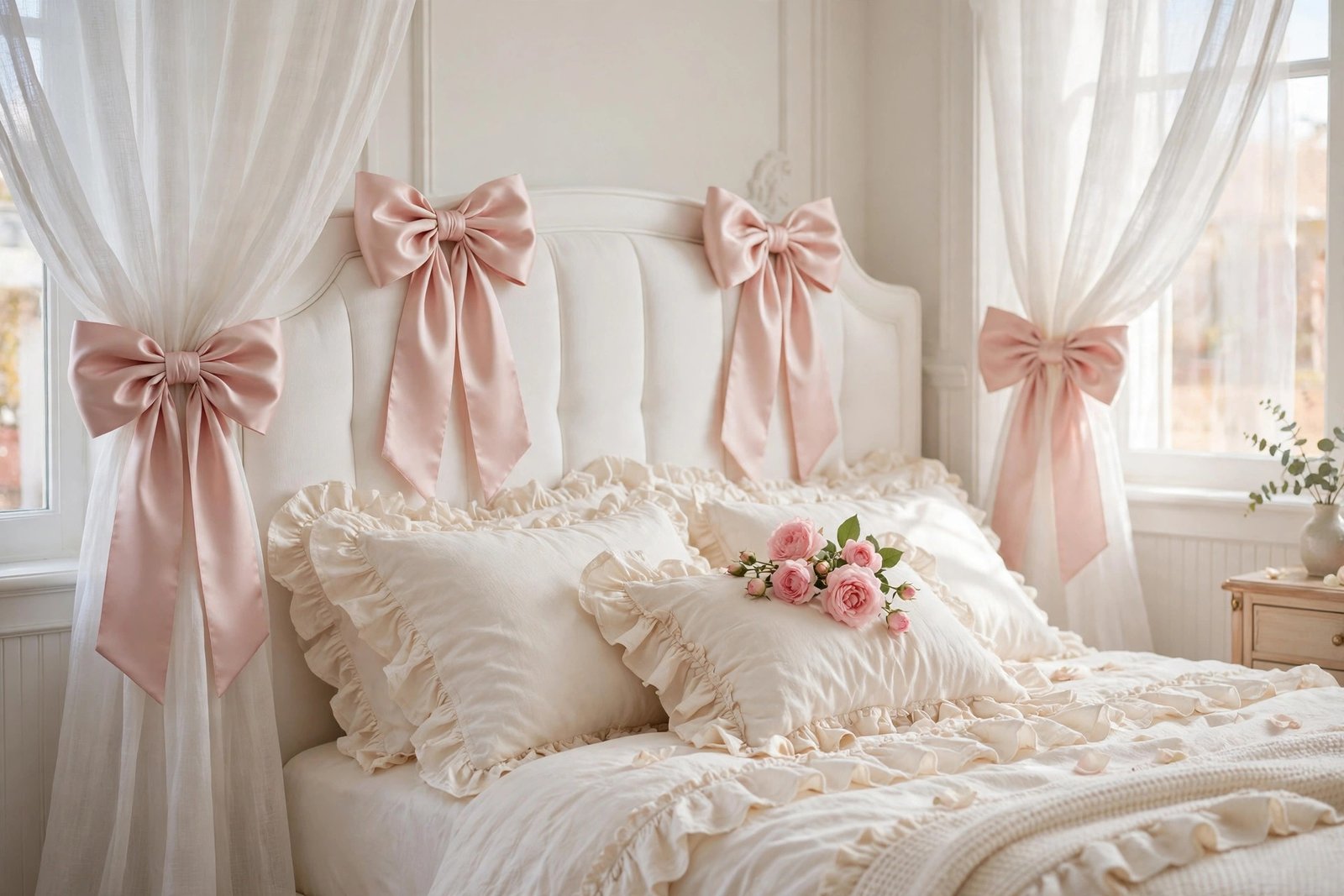 15 Coquette Bedroom Ideas for a Soft, Romantic Room 5 Blush pink satin bows tied on a bed headboard and curtains in a coquette bedroom ideas design