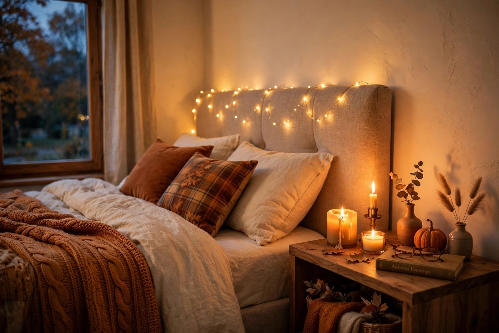 15 Cozy Fall Bedroom Ideas for a Warm Autumn Retreat 5 Warm amber lighting with candles and string lights in a cozy fall bedroom ideas design
