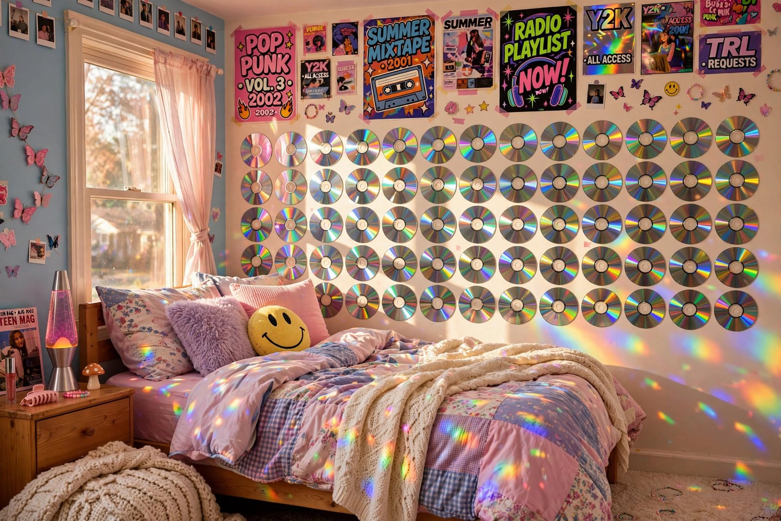 CD collage wall and band posters in a colorful Y2K bedroom