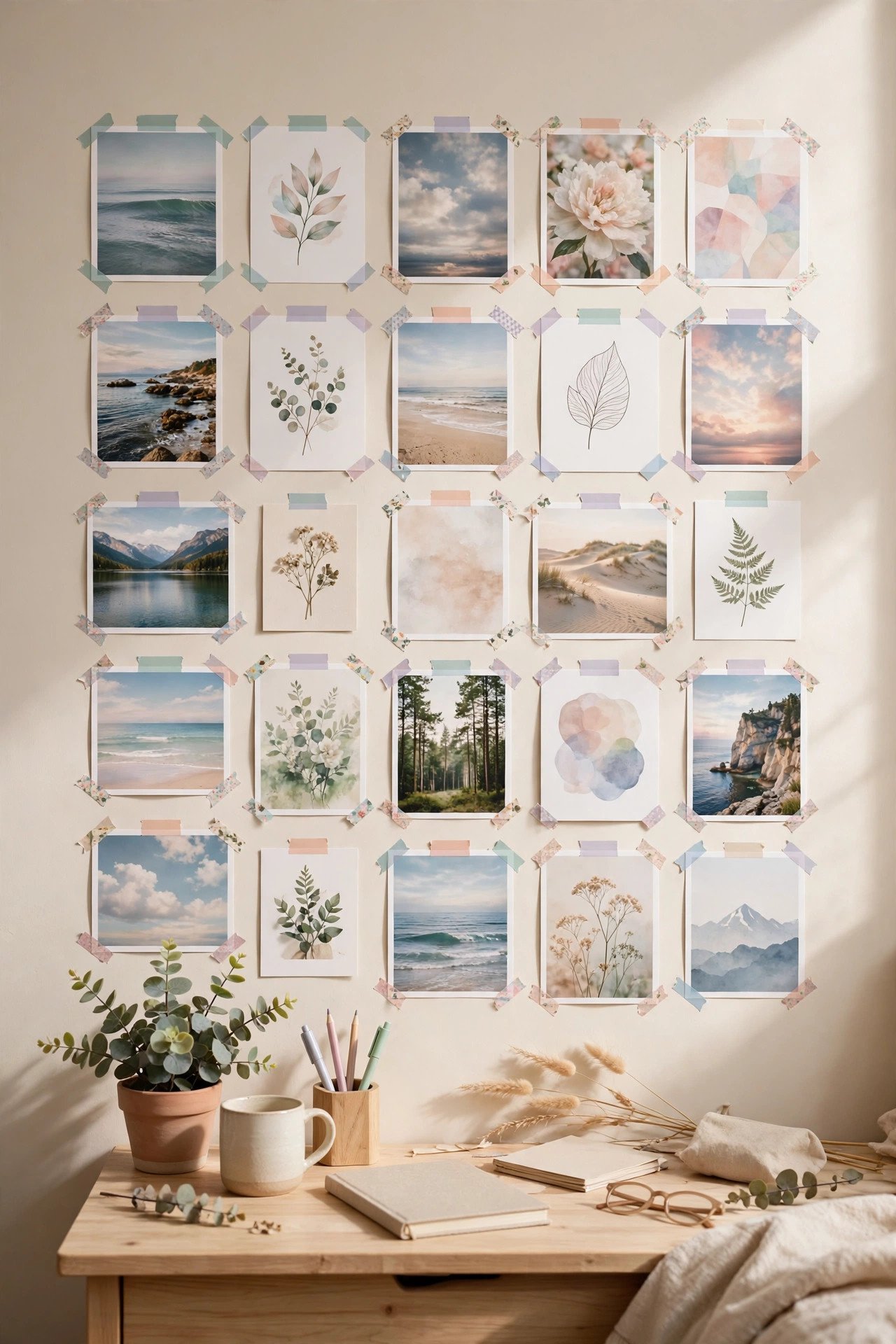 Photo wall collage above a dorm desk held with colorful washi tape
