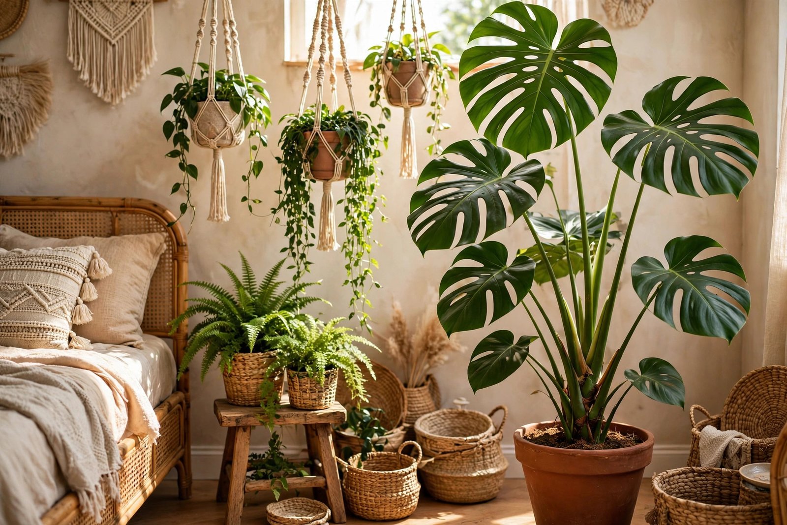 Indoor plants jungle corner with monstera and hanging planters in a boho bedroom ideas design