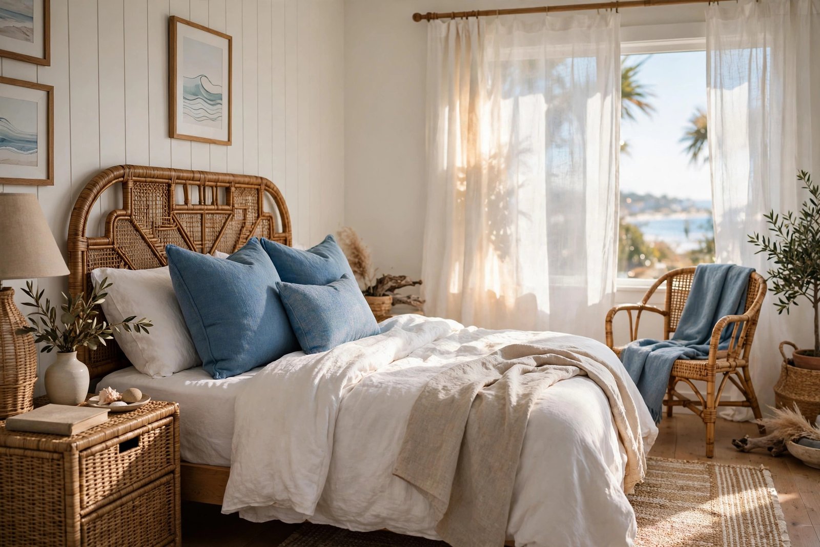 Rattan headboard and wicker furniture in a bright coastal bedroom ideas design