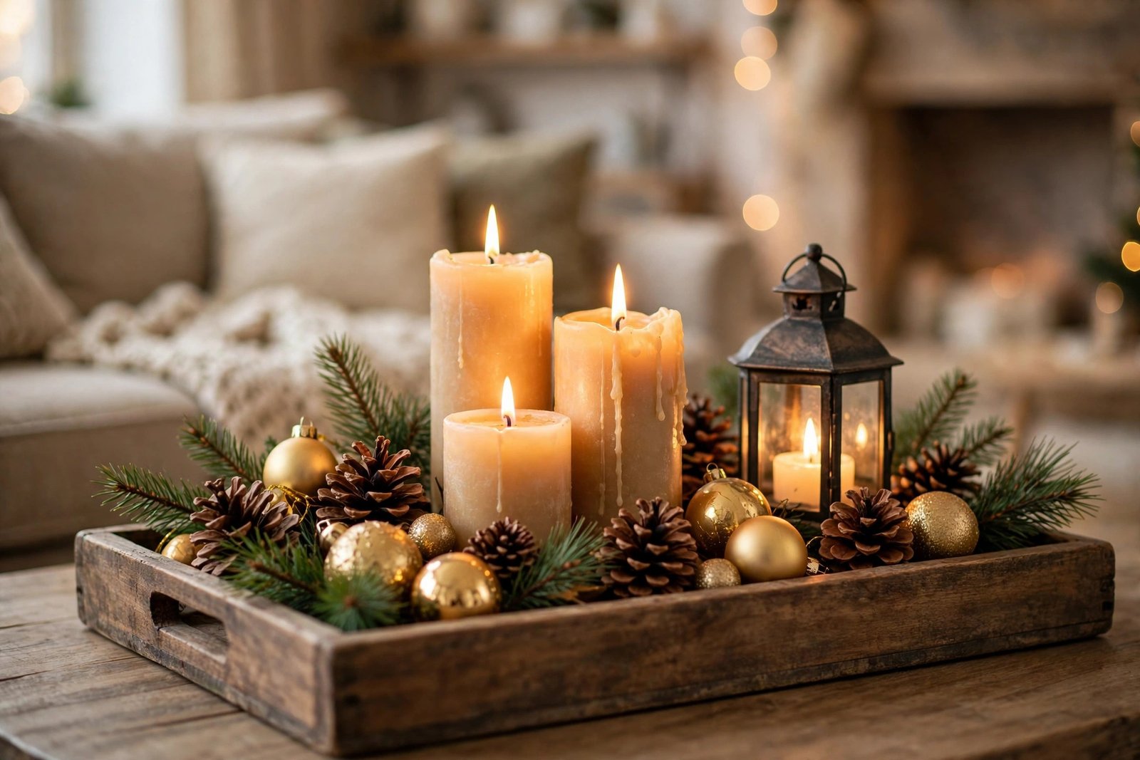 Christmas coffee table centerpiece with candles and pinecones