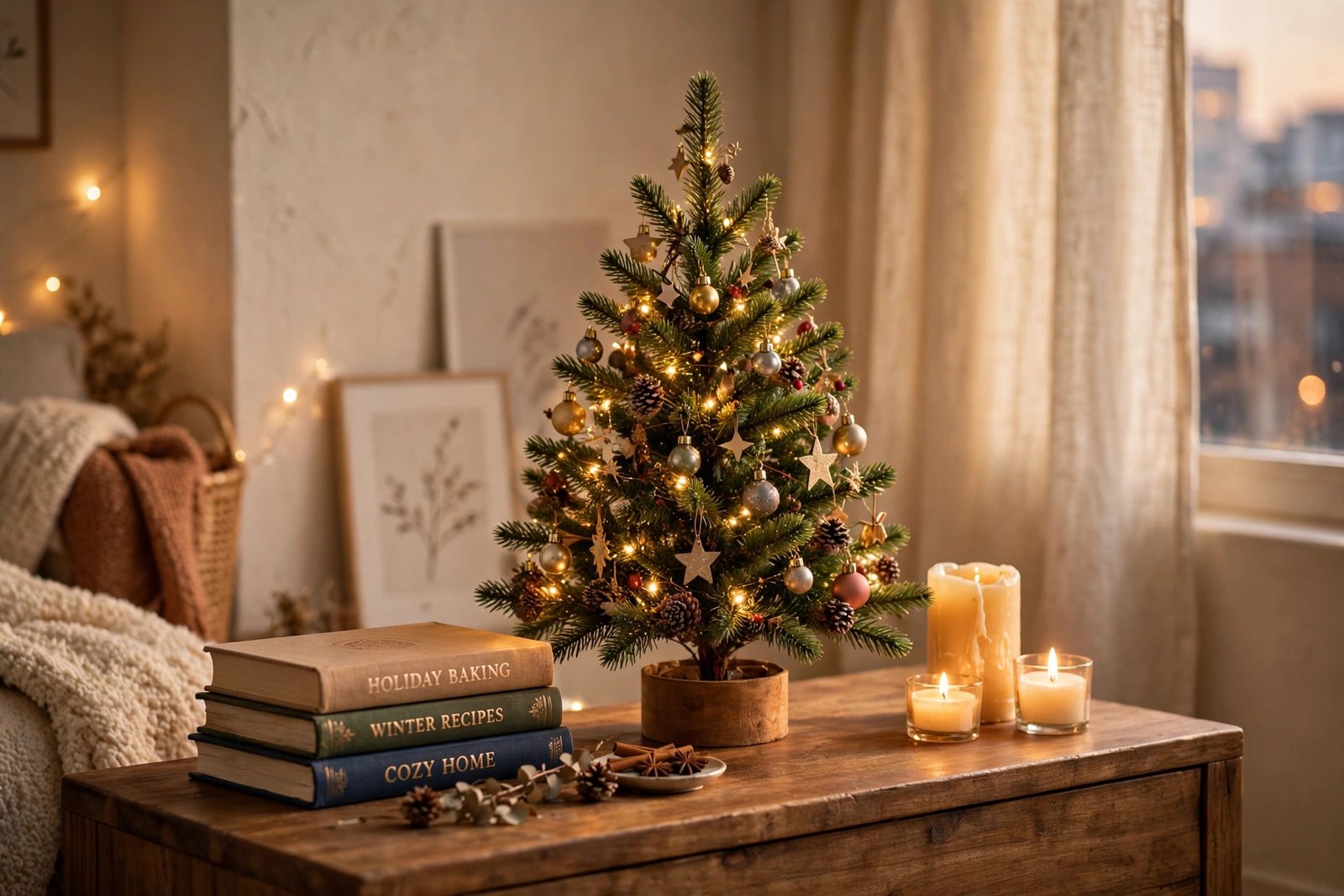 Tabletop Christmas tree on a console table in a studio apartment