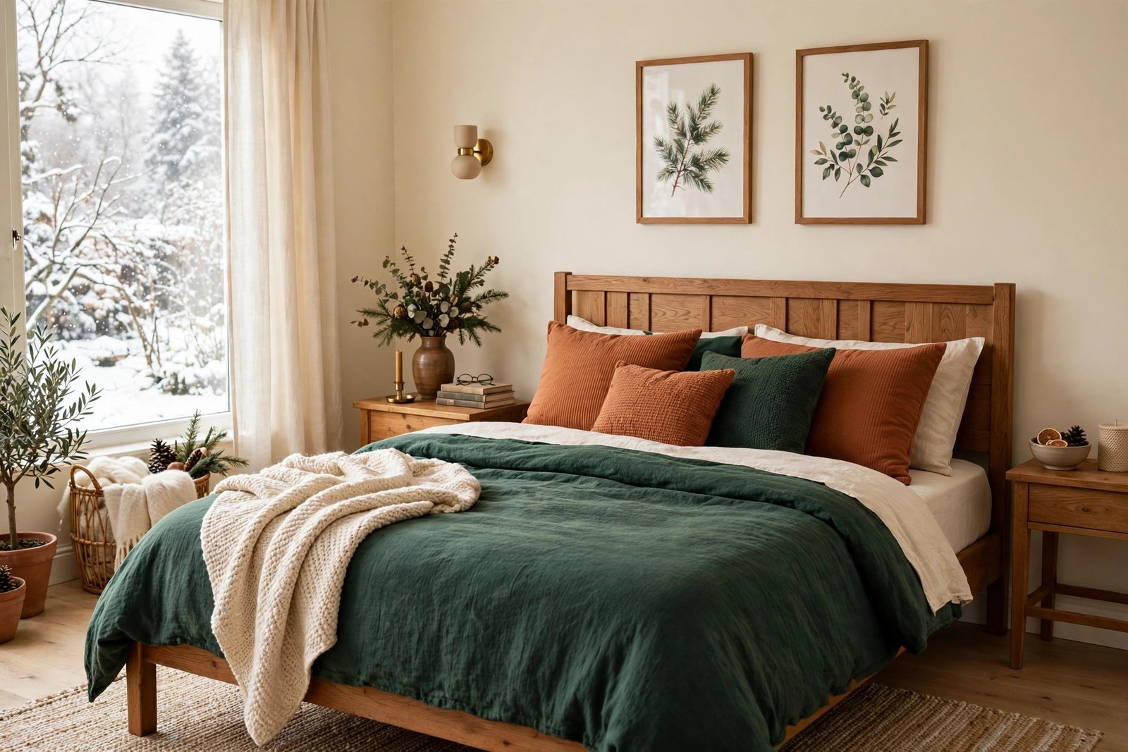15 Cozy Winter Bedroom Ideas for a Warm, Restful Room 6 winter bedroom colour palette in warm neutrals and deep green