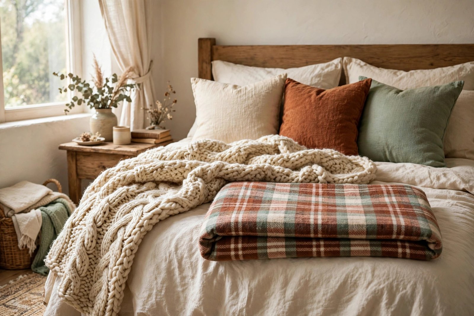 Bed styled with layered thrifted throws and cushions in warm neutral tones