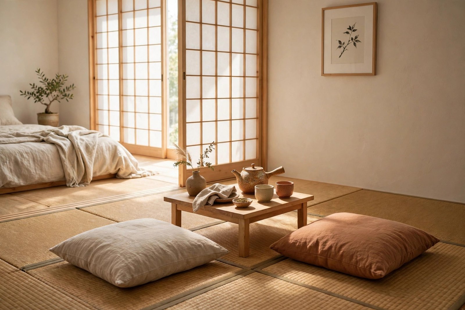 Tatami floor cushions and tea corner in a Japandi bedroom ideas design