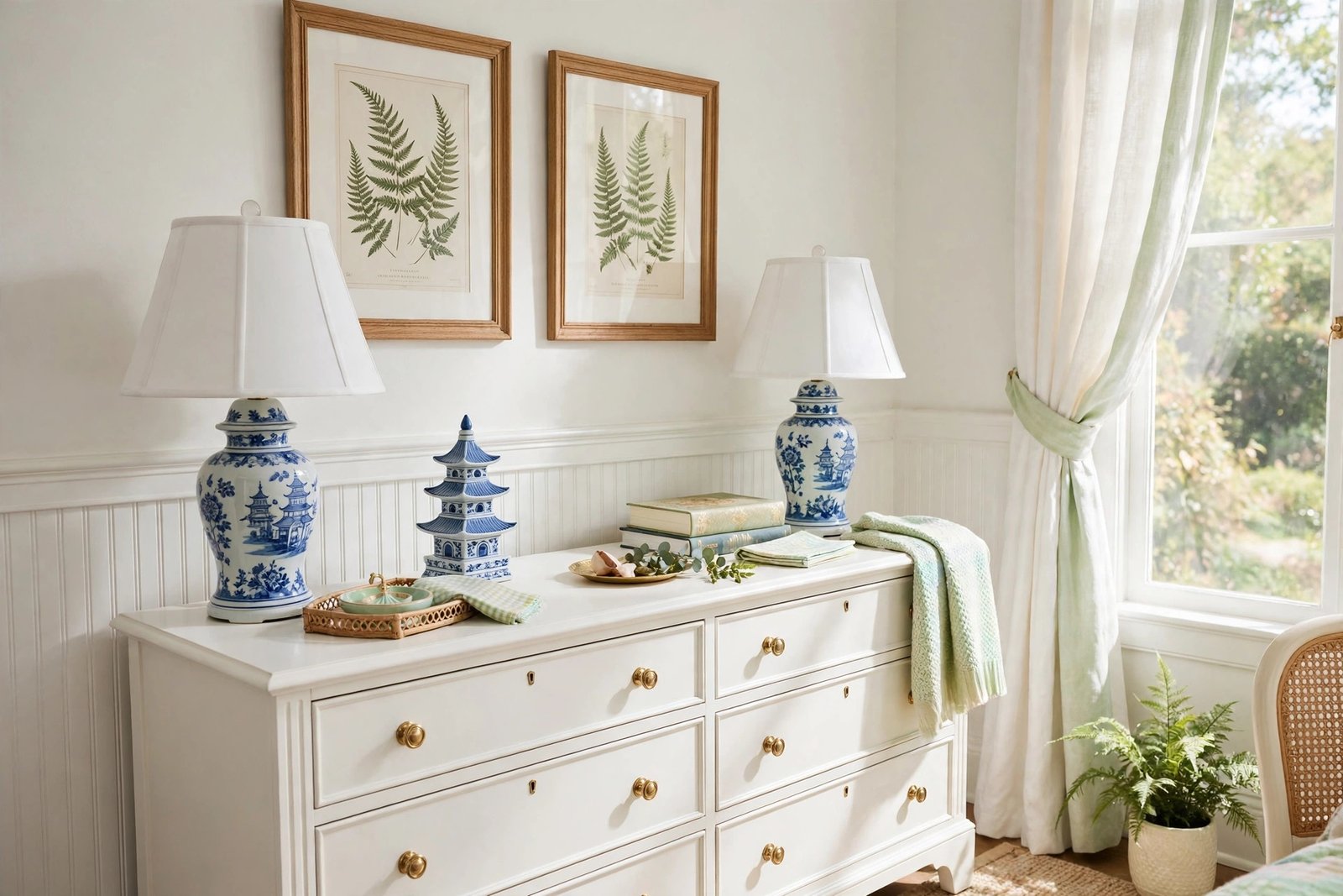 Blue and white chinoiserie porcelain lamp in a preppy bedroom ideas bedroom