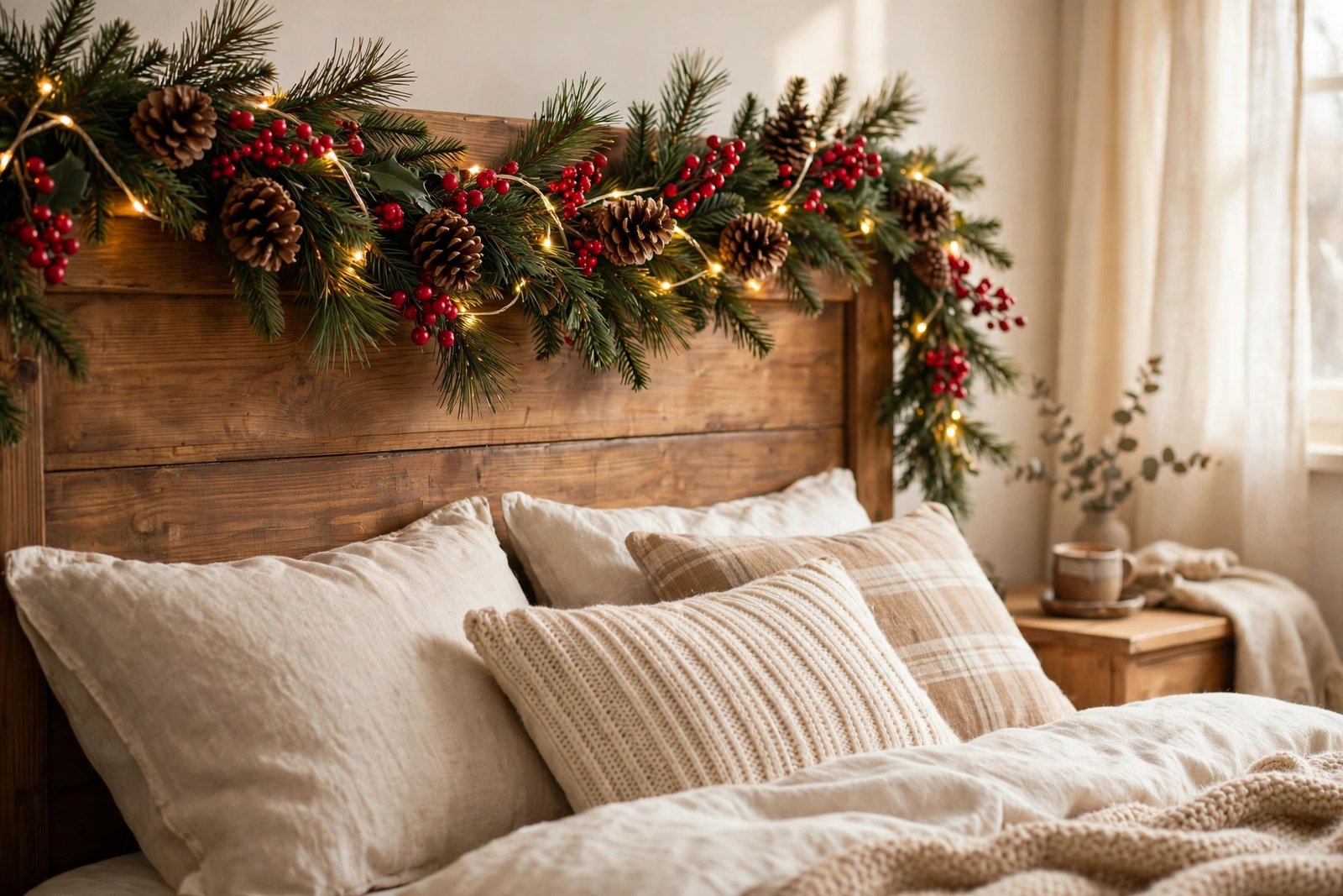 Pine garland with fairy lights draped along a headboard, a classic christmas bedroom decor ideas look