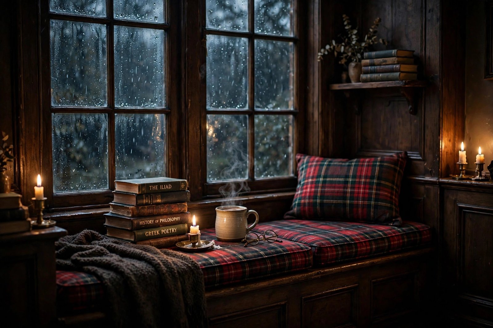 15 Dark Academia Bedroom Ideas for a Moody, Bookish Retreat 9 Cozy dark academia bedroom window seat with tartan cushions, old books and a steaming mug