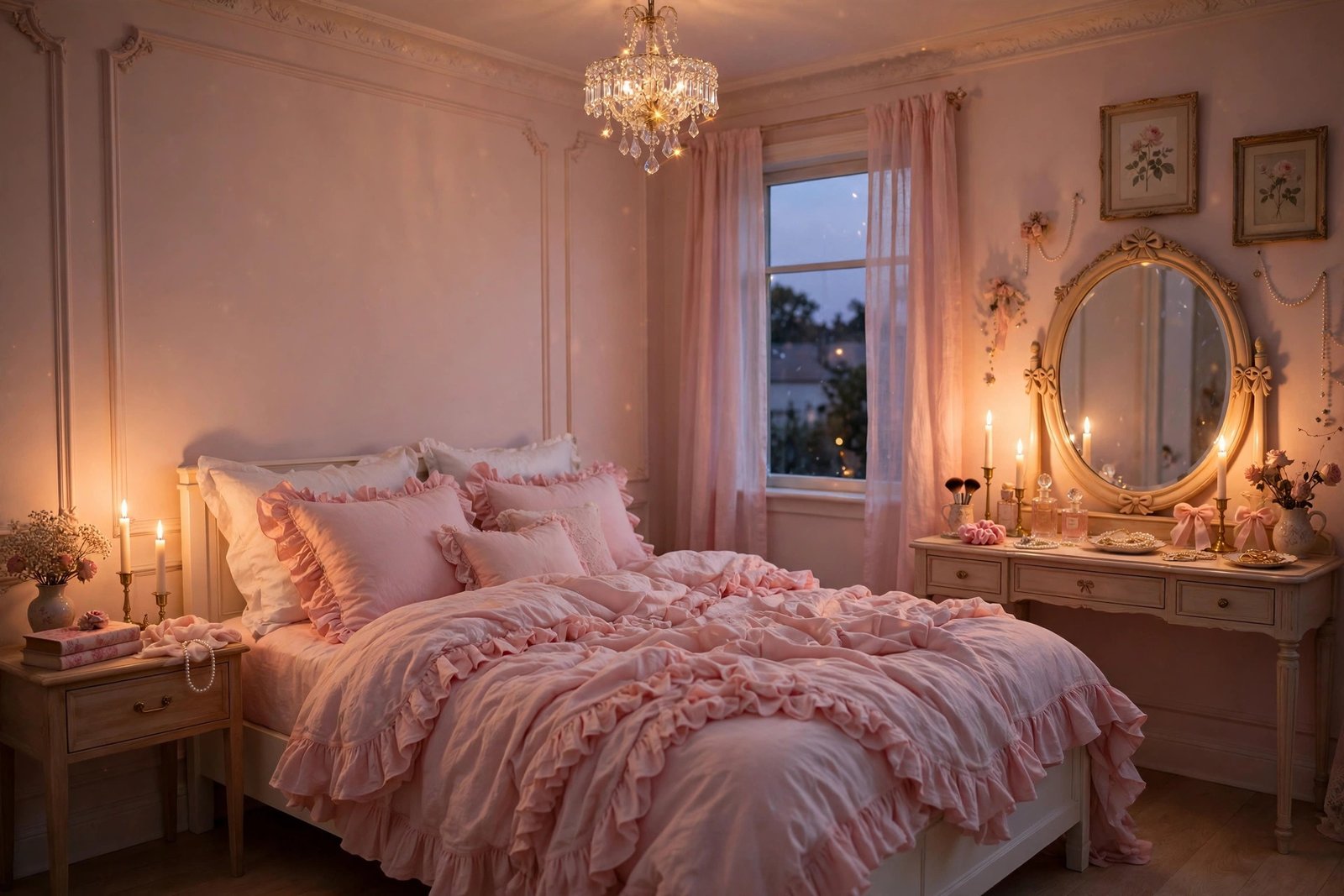 15 Coquette Bedroom Ideas for a Soft, Romantic Room 6 Candles and a crystal chandelier glowing over a coquette bedroom ideas design at dusk