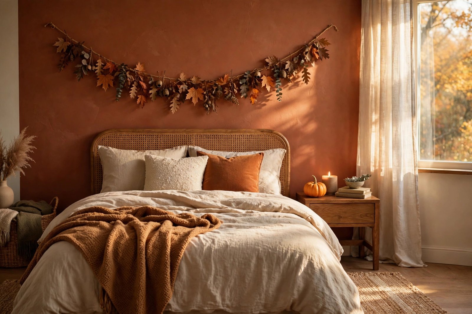 15 Cozy Fall Bedroom Ideas for a Warm Autumn Retreat 6 Rust and terracotta accent wall with autumn decor in a cozy fall bedroom ideas design