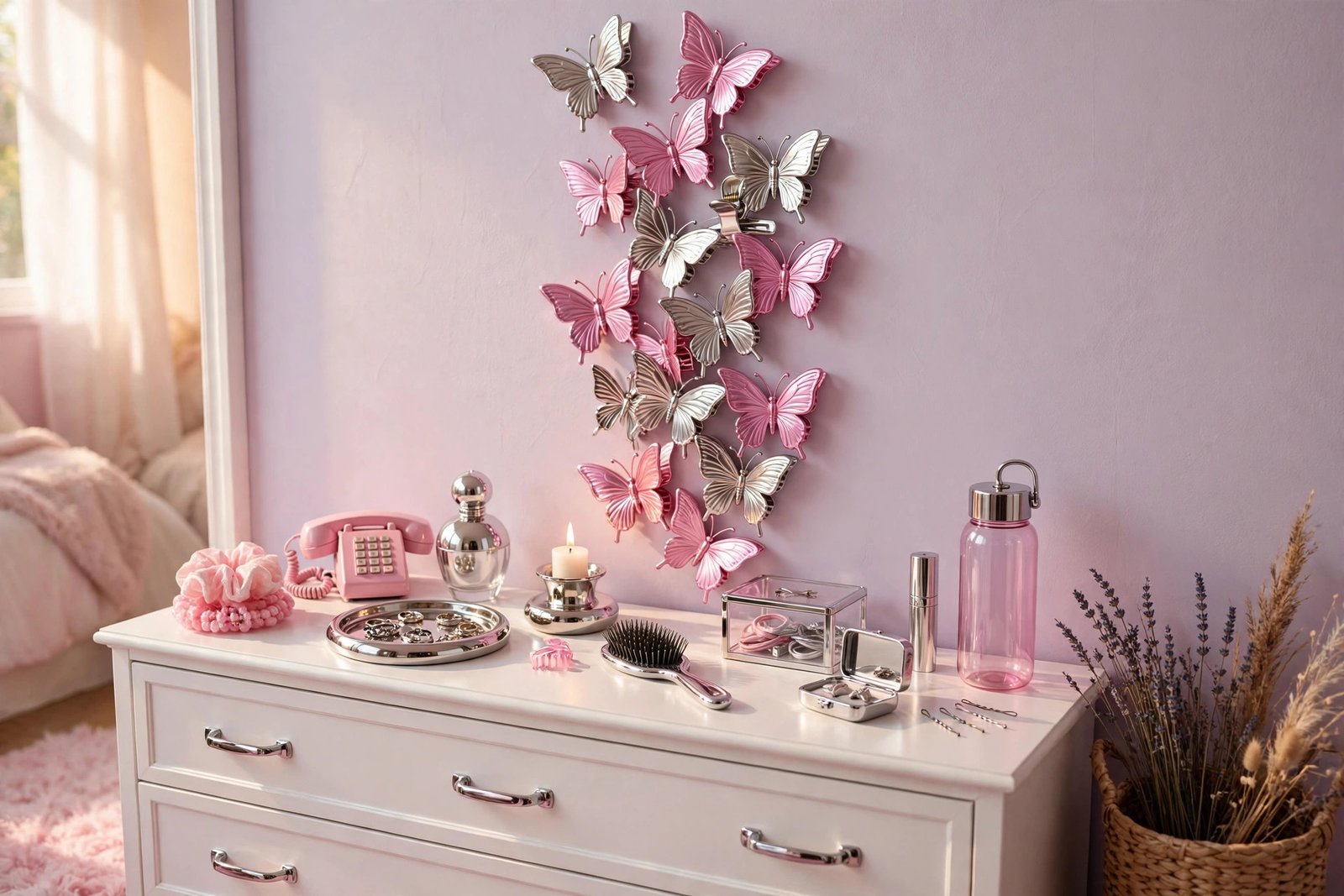 Butterfly wall decor in metallic pink above a pastel dresser