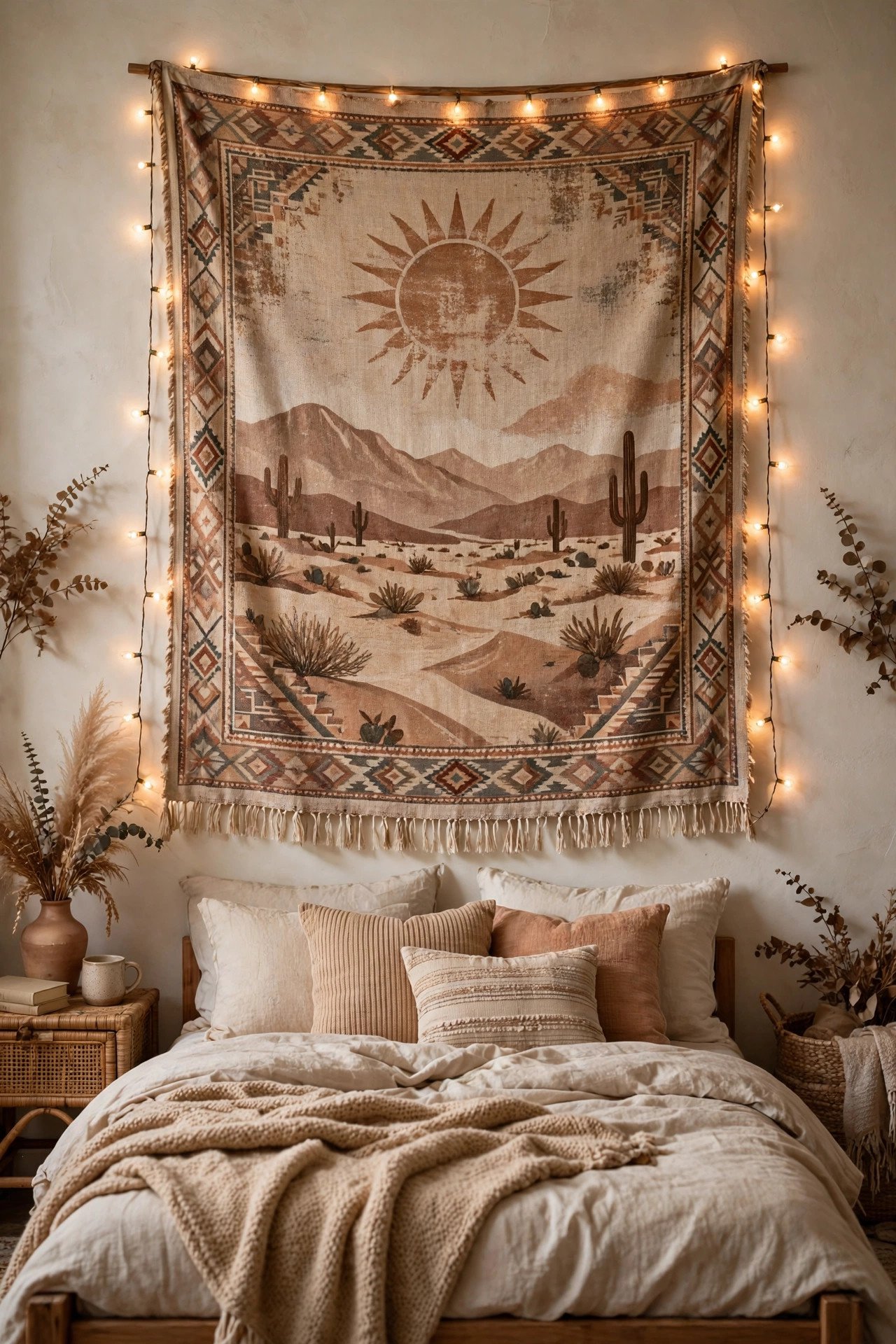 Boho tapestry wall hanging above a dorm bed with warm string lights