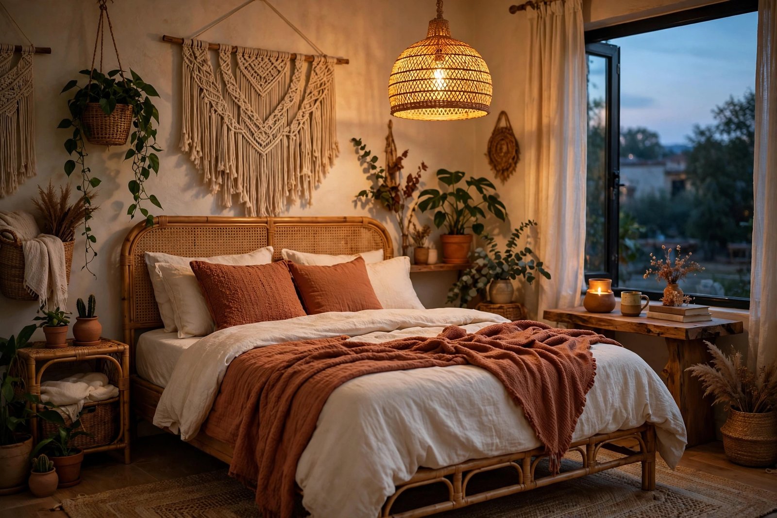 Rattan pendant light glowing over a boho bedroom ideas design at dusk