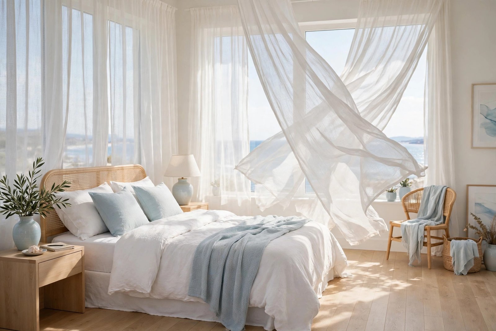 Sheer white linen curtains billowing in sunlight over a coastal bedroom ideas design