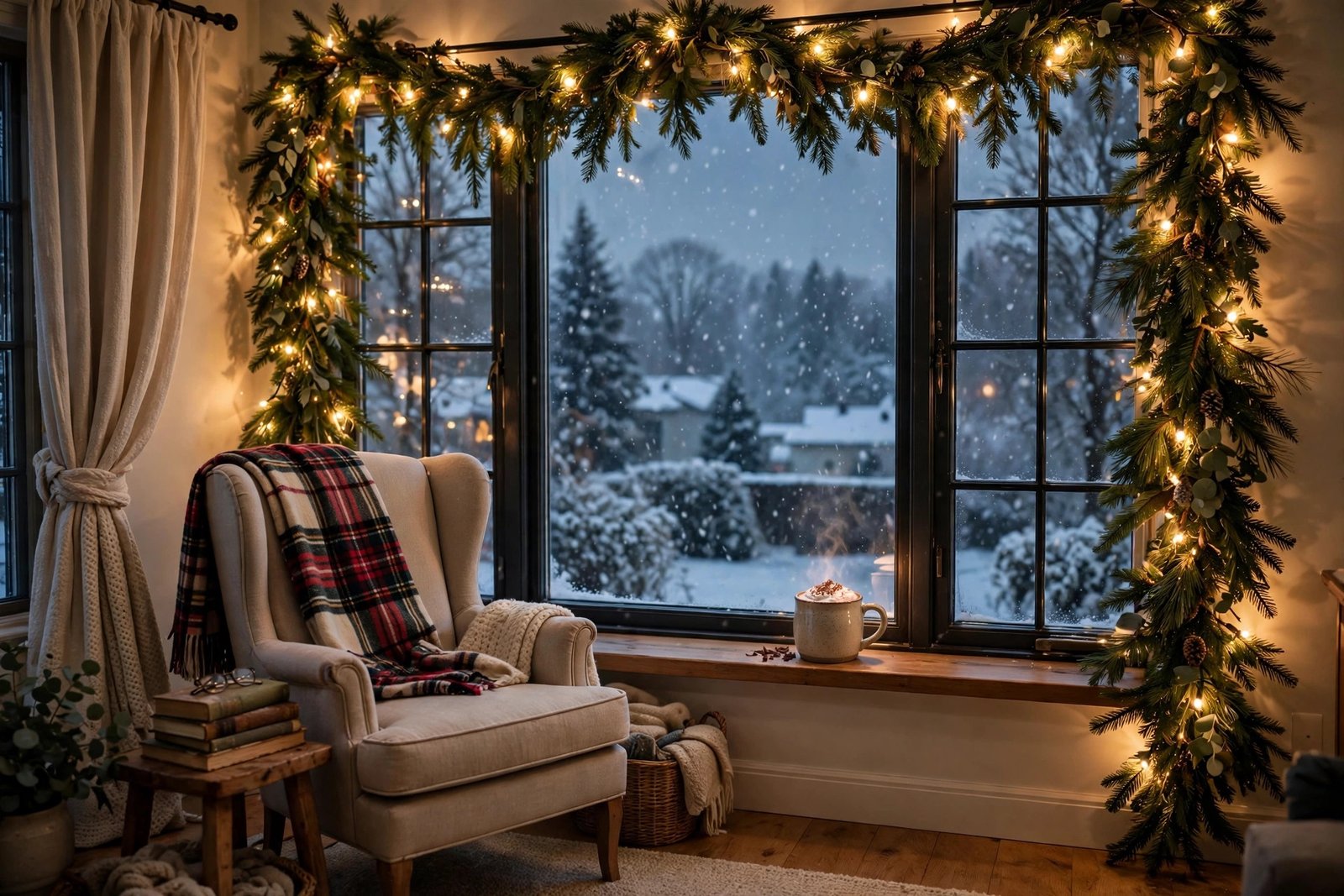 Window Christmas lights and garland living room
