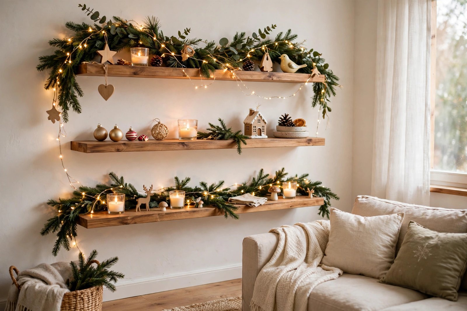 Christmas shelf display with garland candles and ornaments in a small living room