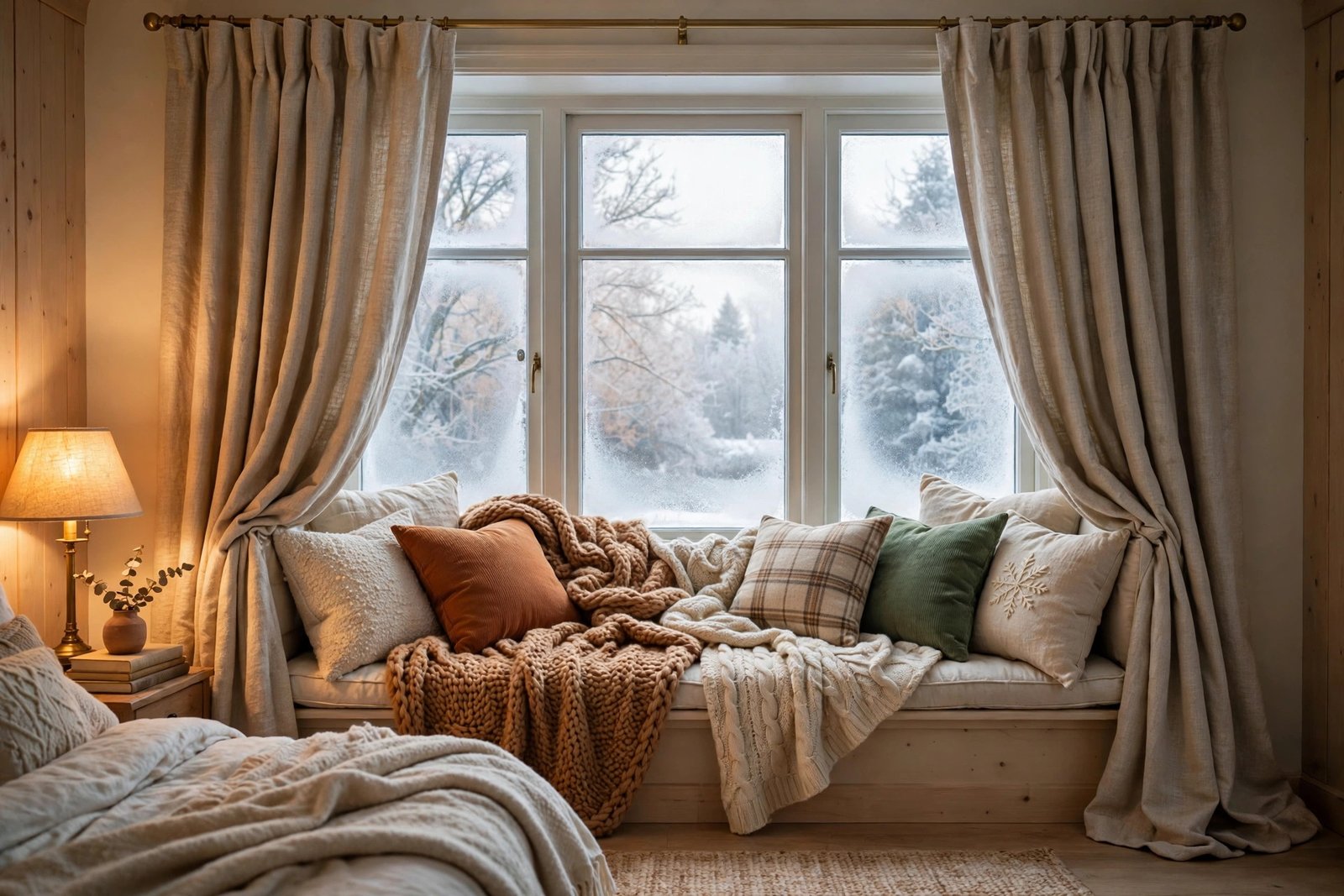 15 Cozy Winter Bedroom Ideas for a Warm, Restful Room 7 cozy winter window seat with curtains and cushions