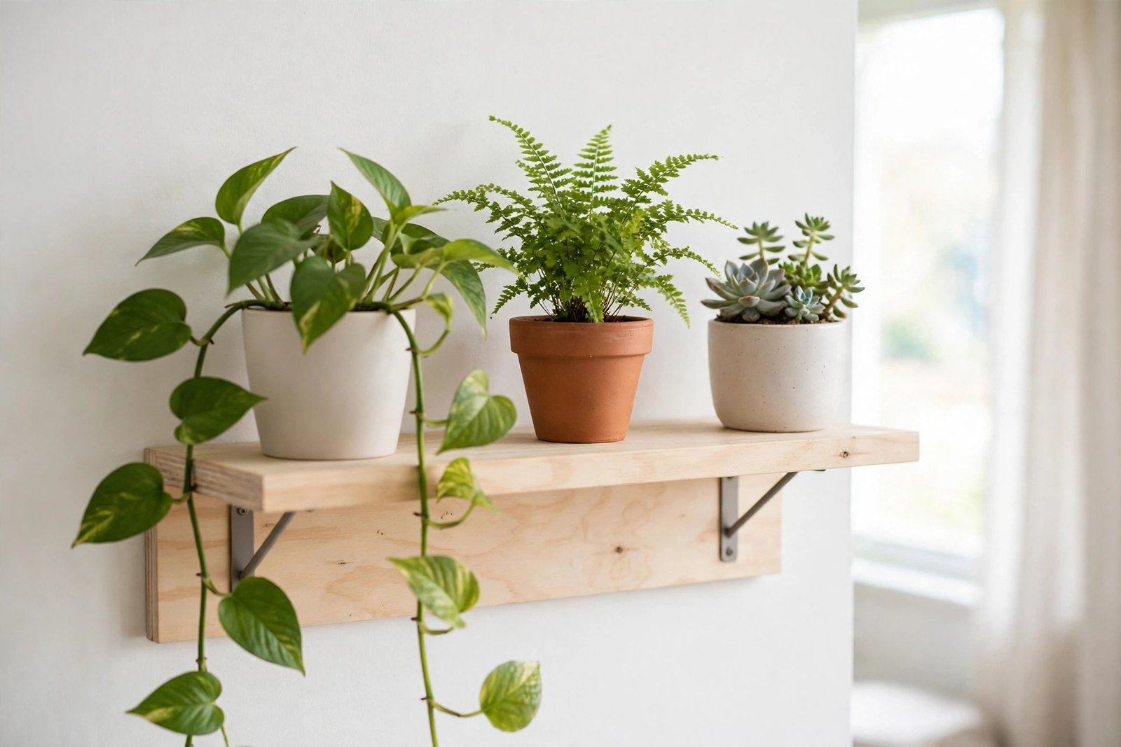 Small budget houseplants arranged on a simple wooden shelf by a window