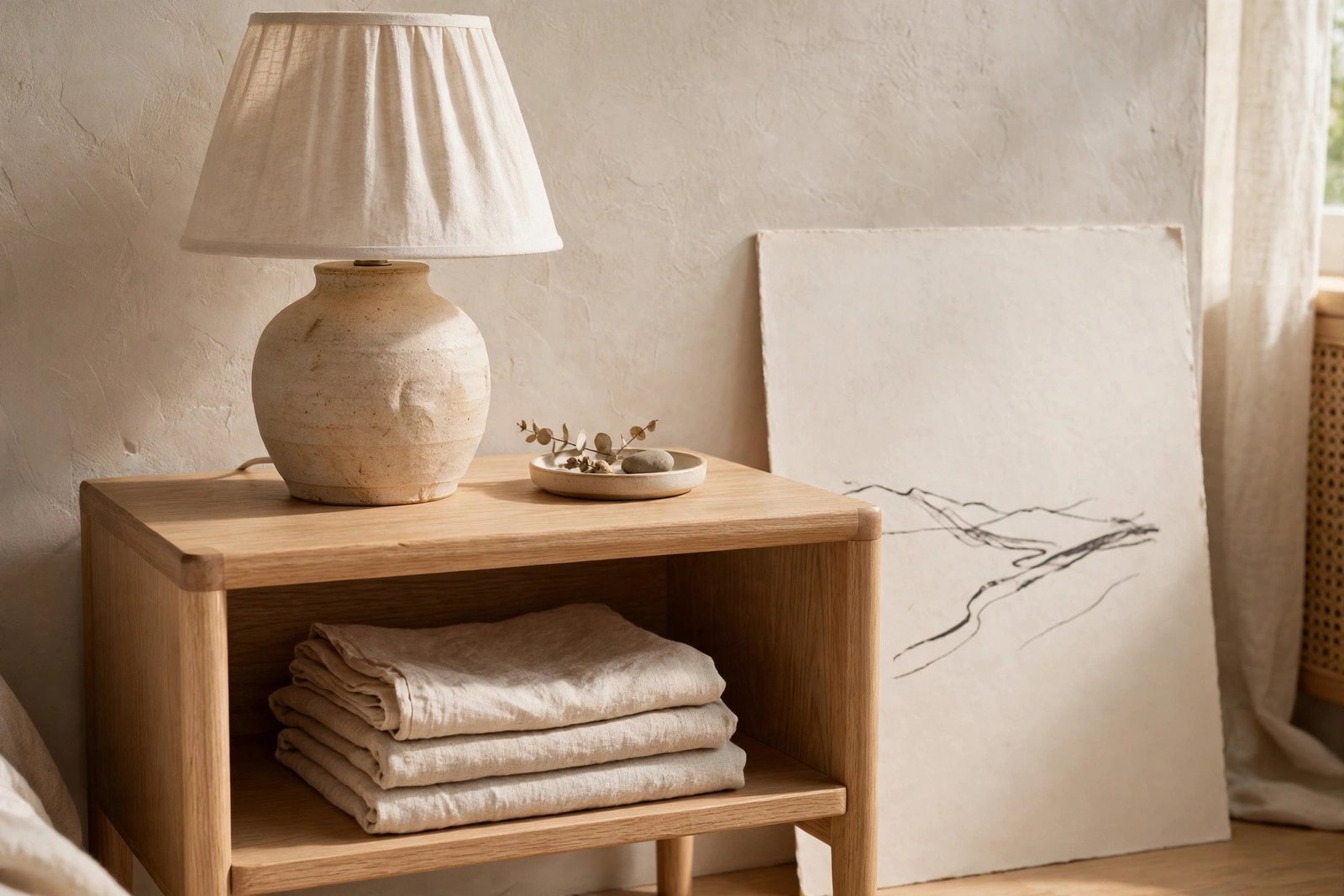 Light oak nightstand with ceramic lamp and folded linen in a Japandi bedroom
