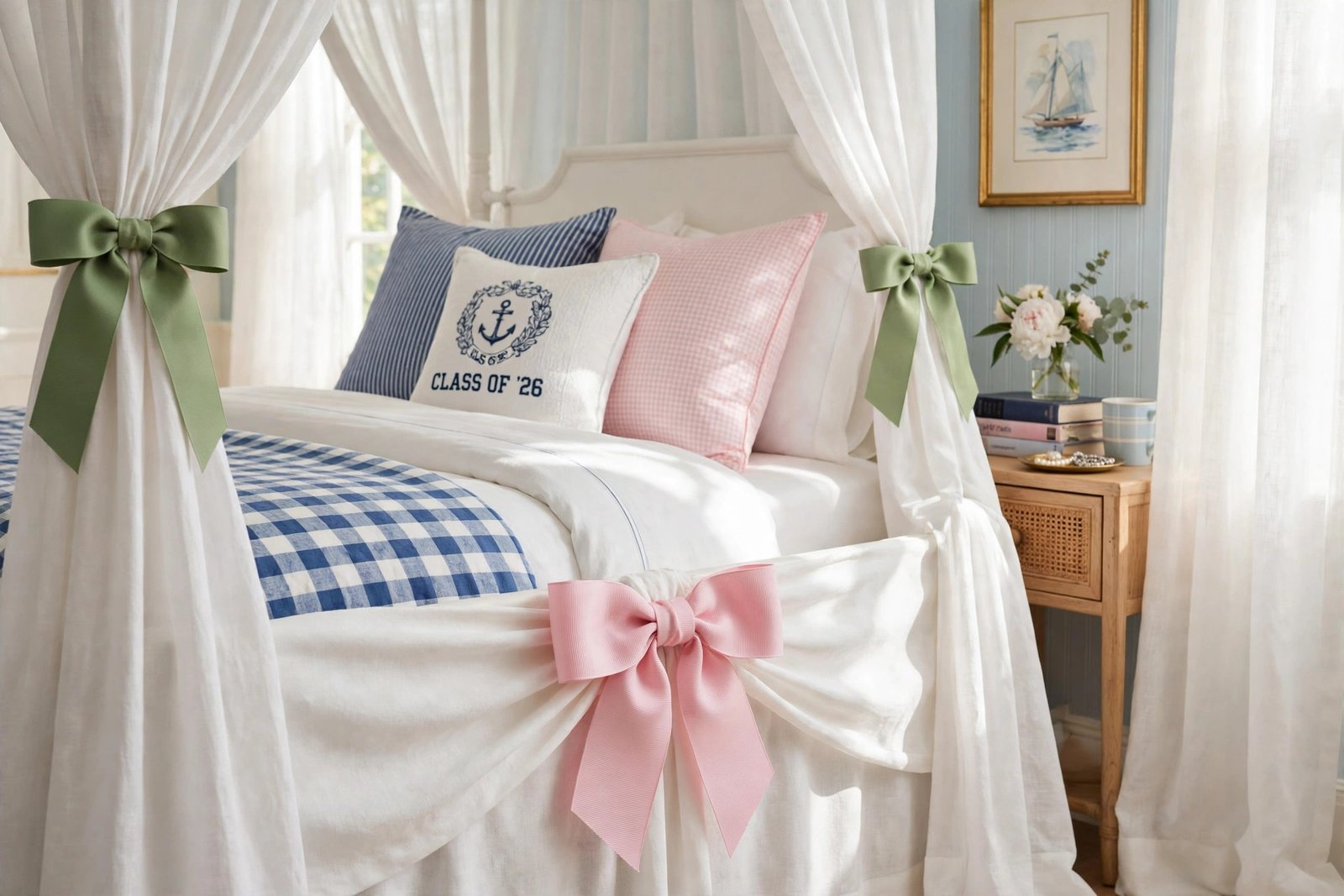 Grosgrain ribbon bows on bed skirt in a preppy bedroom ideas room