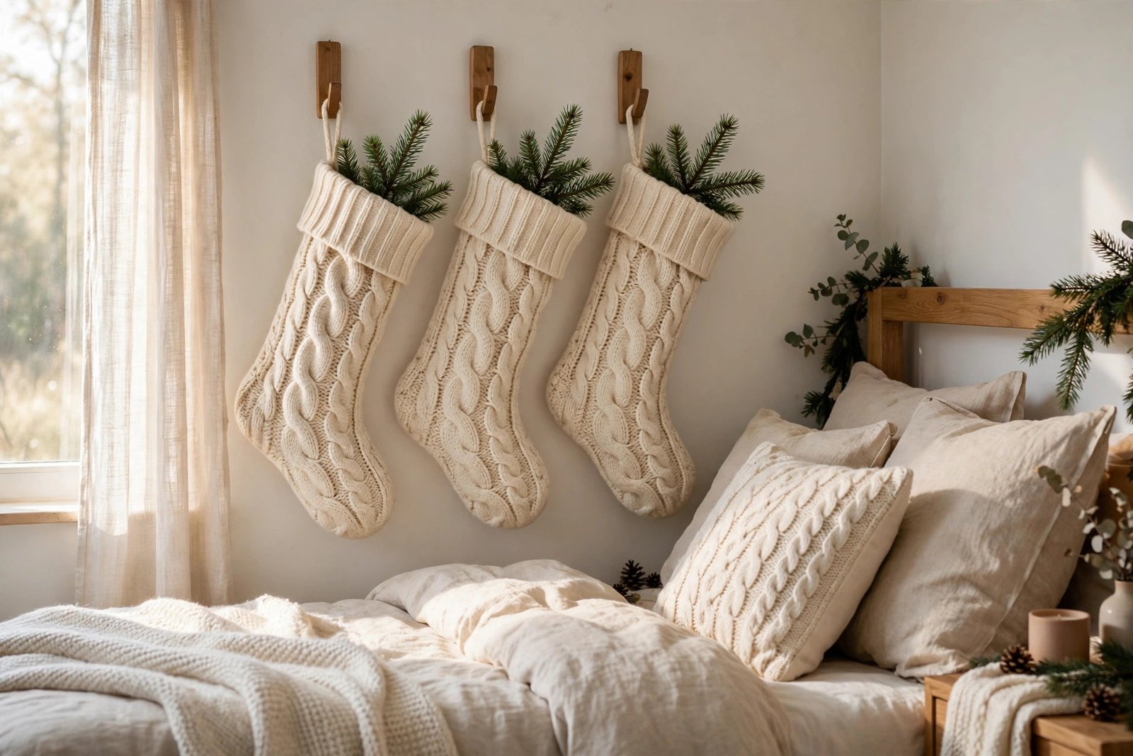 Knit christmas stockings hung beside the bed in a warm christmas bedroom decor ideas scene
