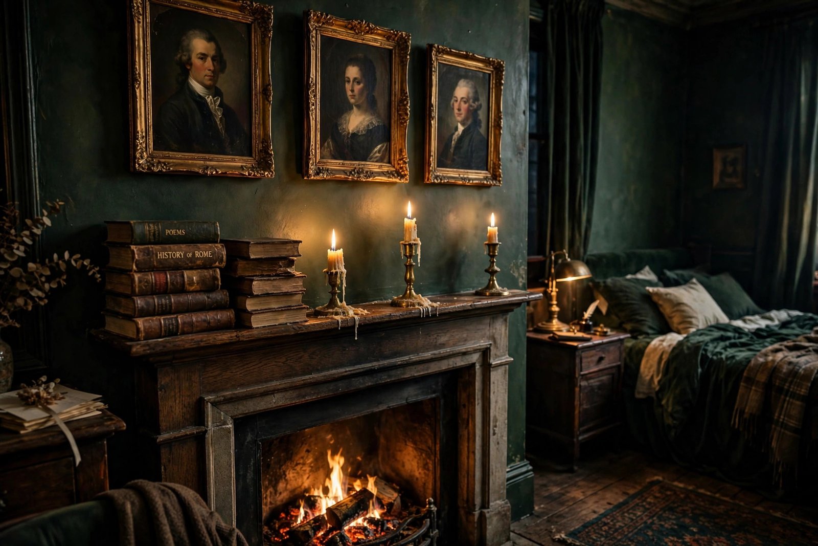 15 Dark Academia Bedroom Ideas for a Moody, Bookish Retreat 8 Dark academia bedroom fireplace mantel with brass candlesticks, candles and vintage portraits