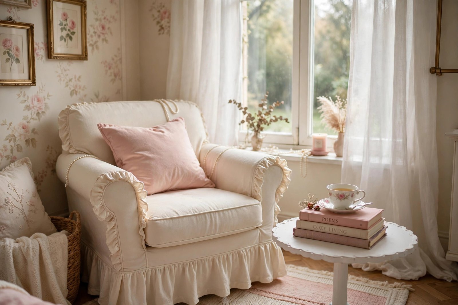 15 Coquette Bedroom Ideas for a Soft, Romantic Room 7 Coquette reading nook with a ruffled cream armchair by a sunny window in a bedroom ideas design