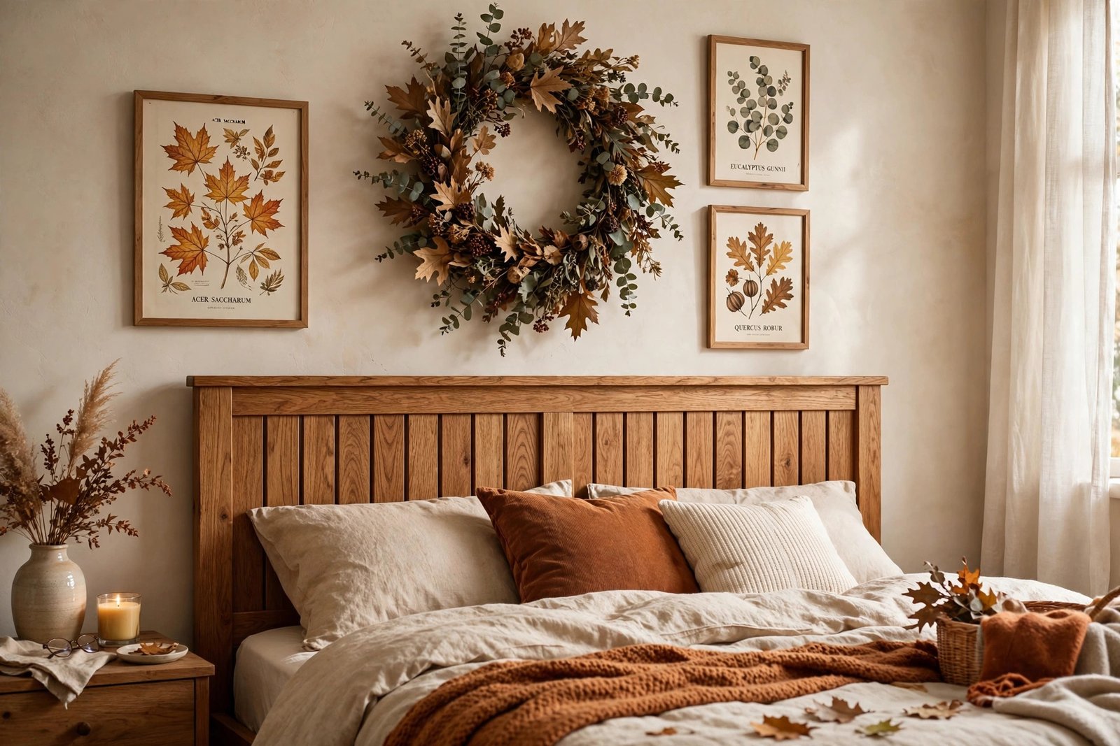 15 Cozy Fall Bedroom Ideas for a Warm Autumn Retreat 7 Autumn wreath and dried leaves decor above a cozy fall bedroom bed
