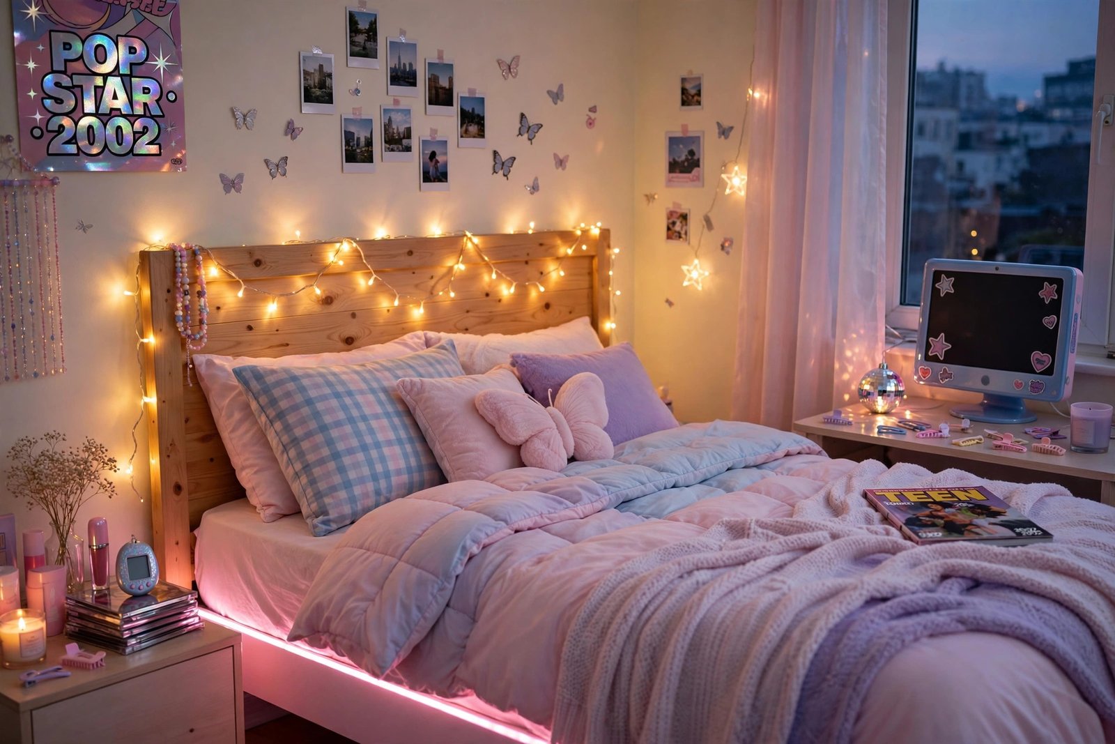 Fairy lights and warm LED glow around a Y2K bedroom headboard at dusk