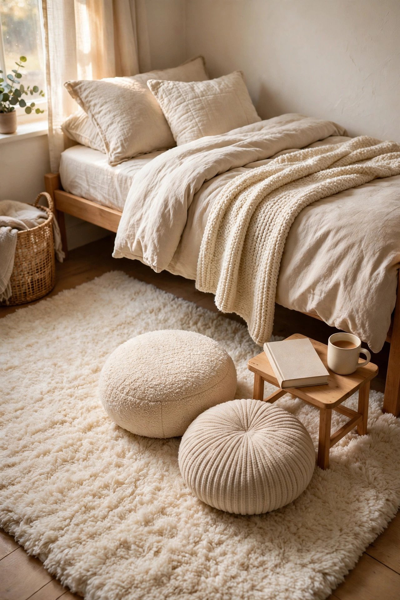 Plush cream area rug under a dorm bed with floor cushions and a small side table