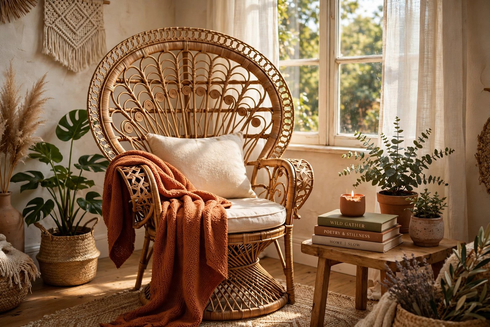 Cozy boho reading nook with a rattan peacock chair and plants by a sunny window in a bedroom ideas design