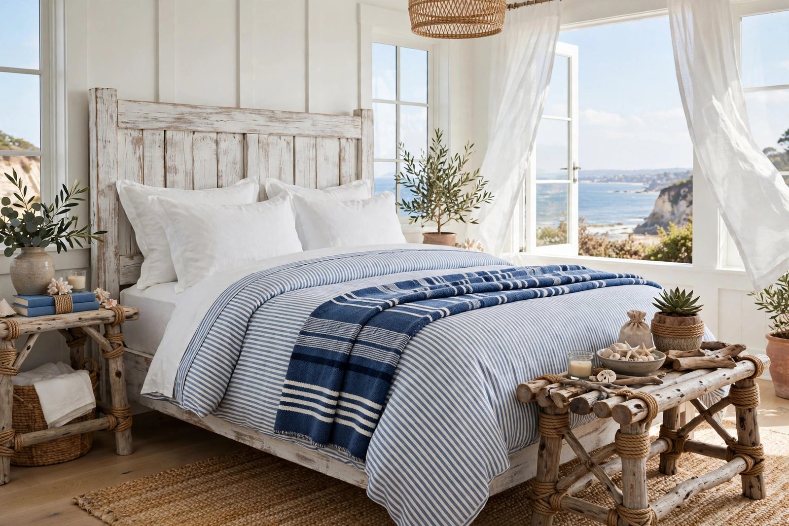 Blue and white nautical striped bedding in a coastal bedroom ideas design