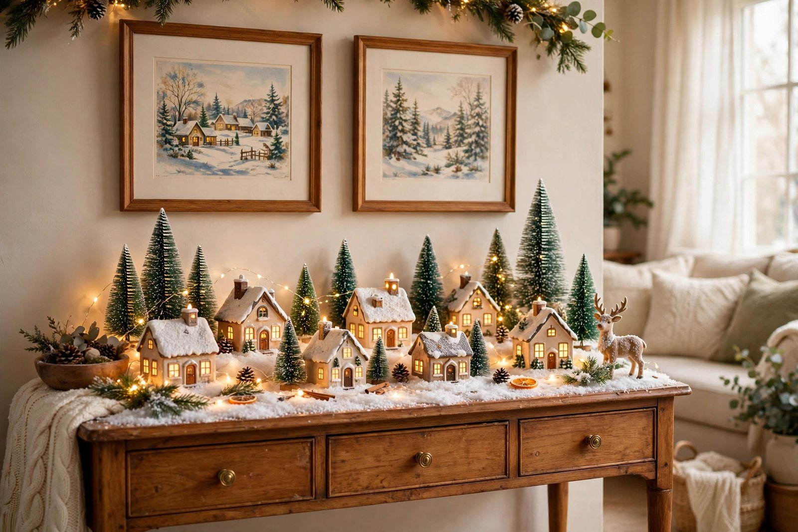 Christmas village display on living room console table