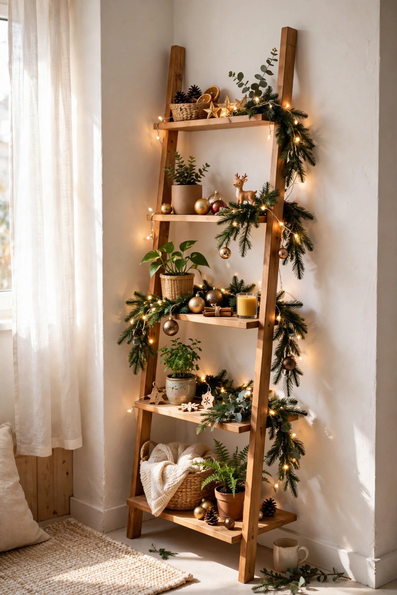 Vertical Christmas decorating with a tall ladder shelf in a small space