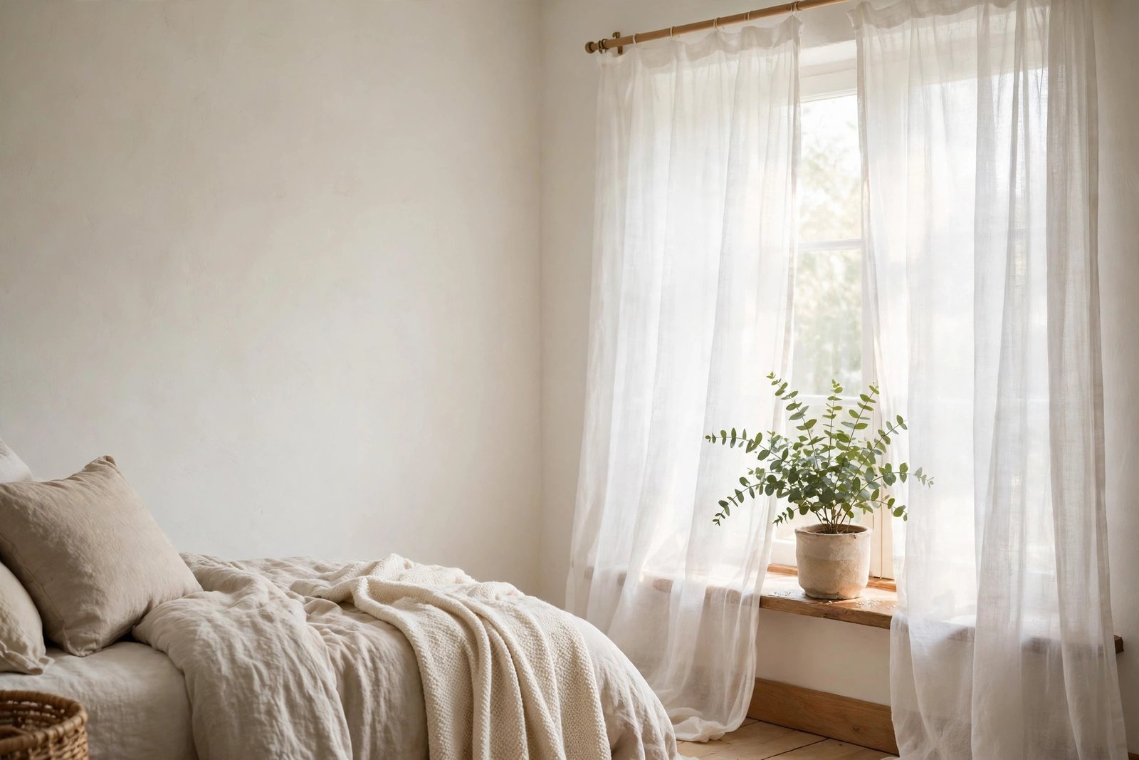 Sheer white curtains softening bright daylight in a small aesthetic bedroom