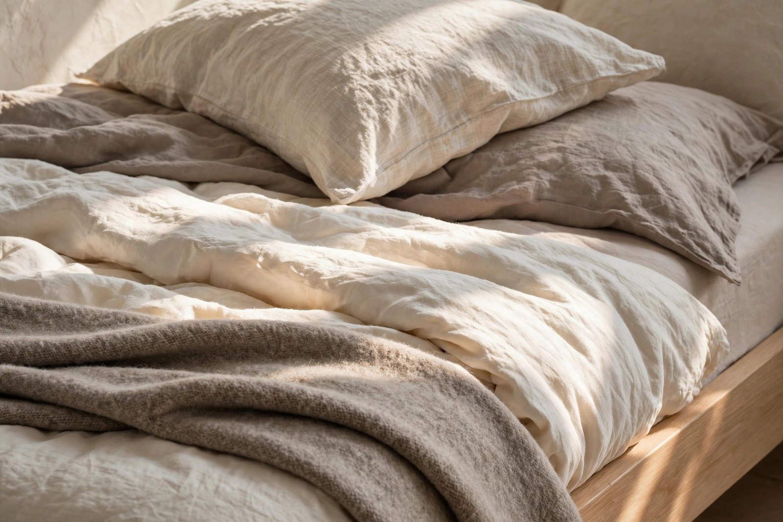 Layered cream linen bedding detail in a Japandi bedroom ideas design