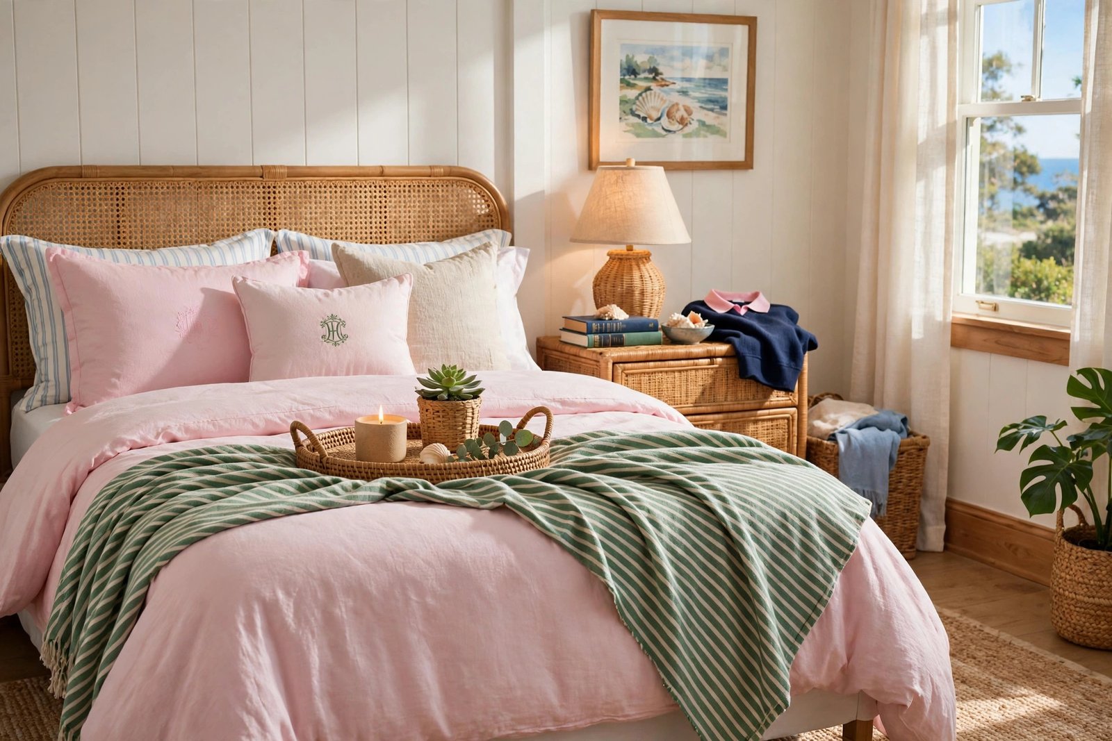 Wicker and rattan accents with pastel bedding in preppy bedroom ideas