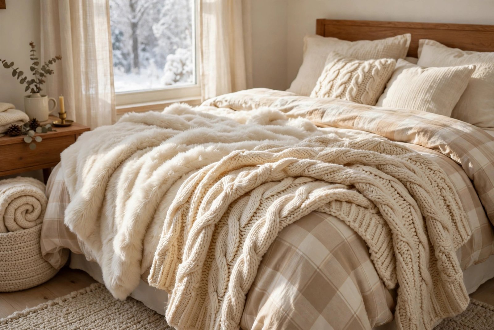 Chunky knit and faux fur throws layered on a bed for cozy winter christmas bedroom decor ideas