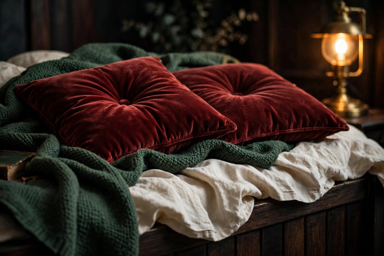 15 Dark Academia Bedroom Ideas for a Moody, Bookish Retreat 5 Layered oxblood velvet and forest green wool bedding detail in a dark academia bedroom ideas design