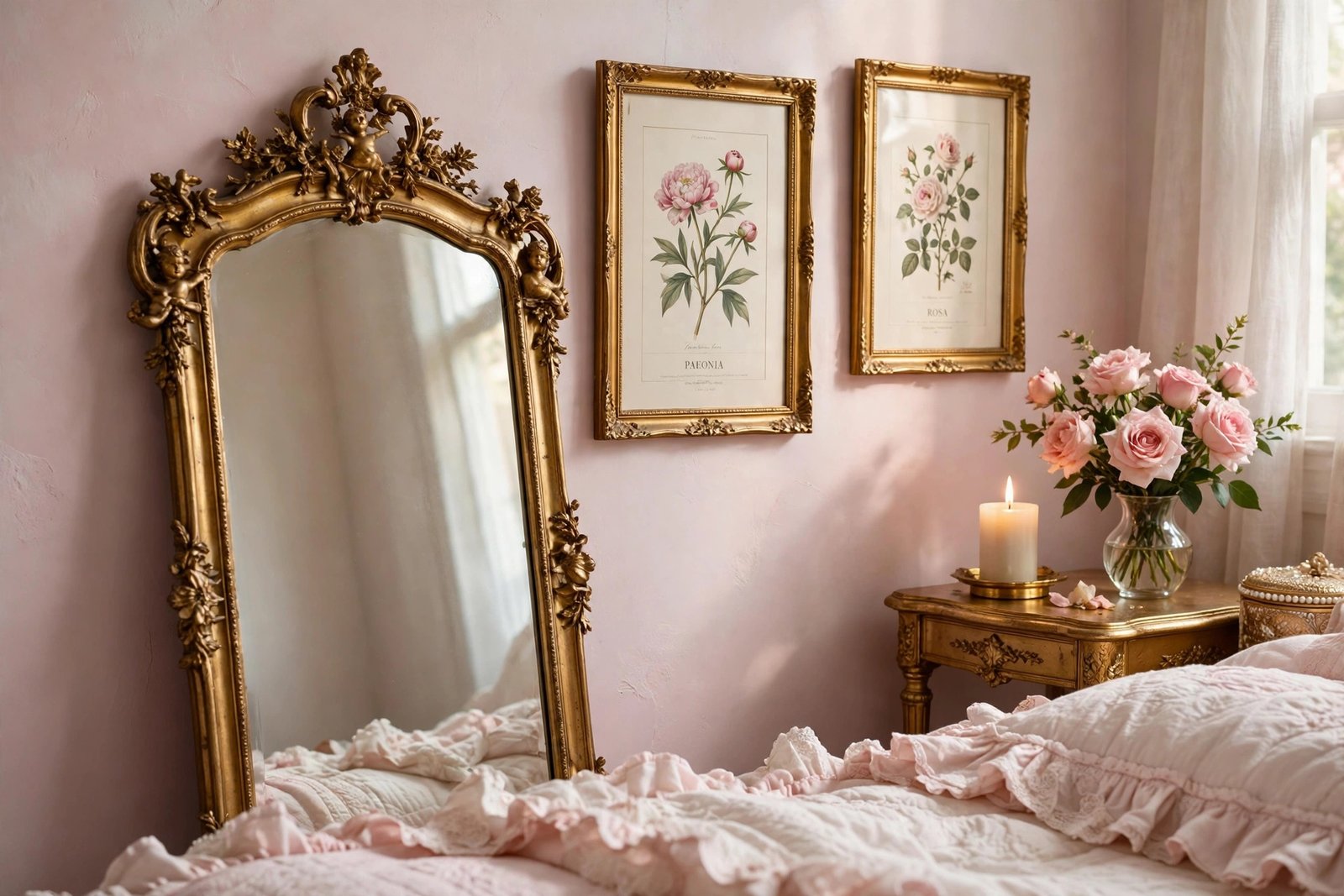 15 Coquette Bedroom Ideas for a Soft, Romantic Room 8 Ornate gold vintage mirror and gilded accents in a coquette bedroom ideas design