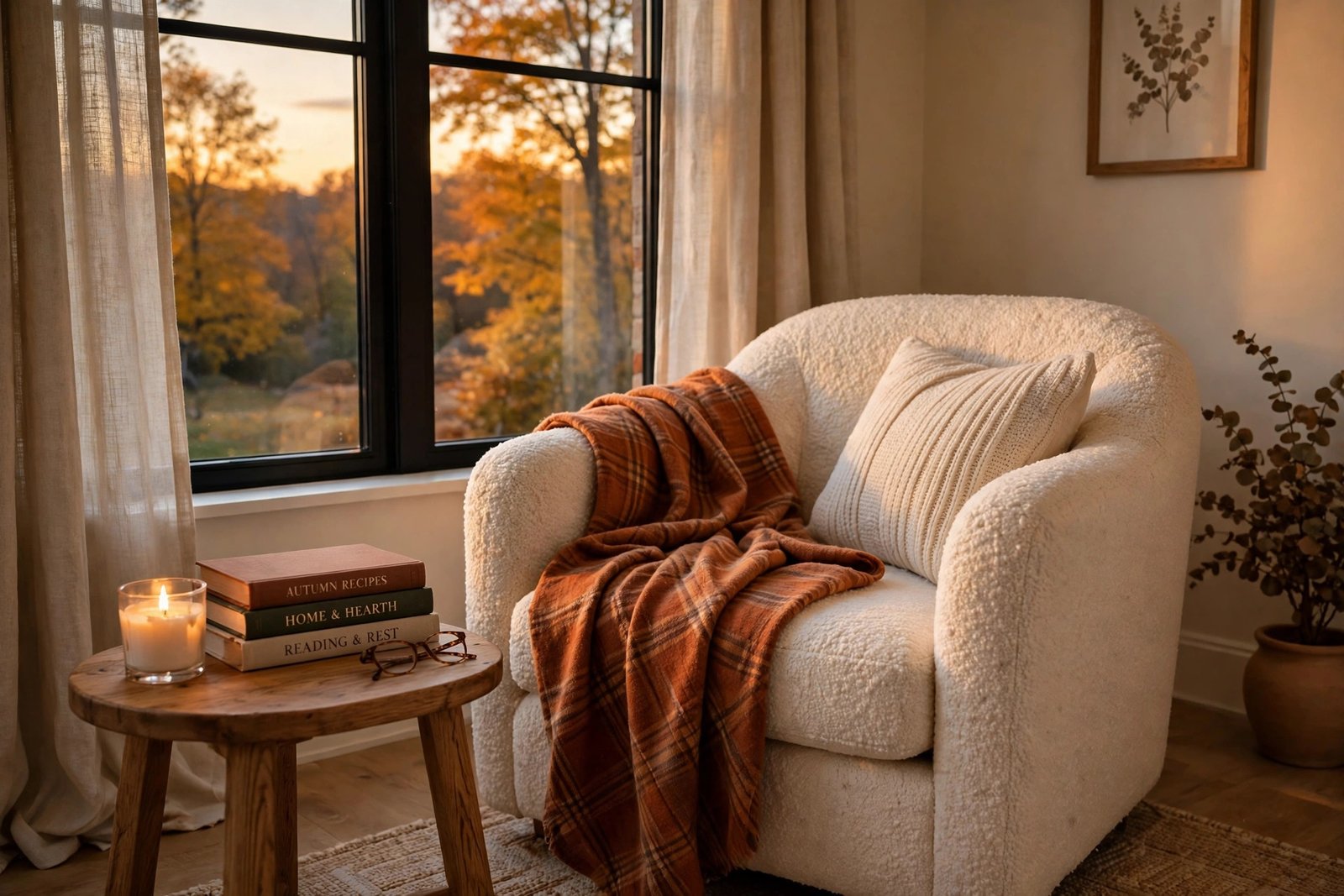 15 Cozy Fall Bedroom Ideas for a Warm Autumn Retreat 8 Reading nook with armchair, plaid blanket and candles in a cozy fall bedroom ideas design