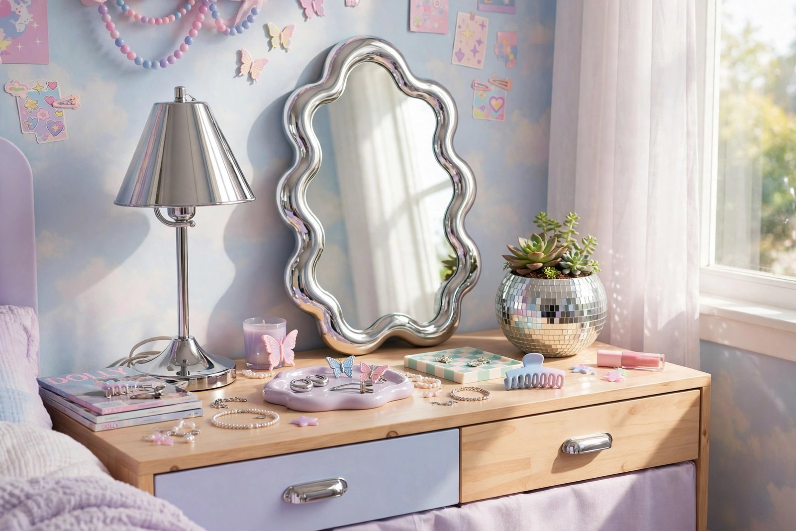 Chrome and disco ball accents adding shine to a Y2K bedroom