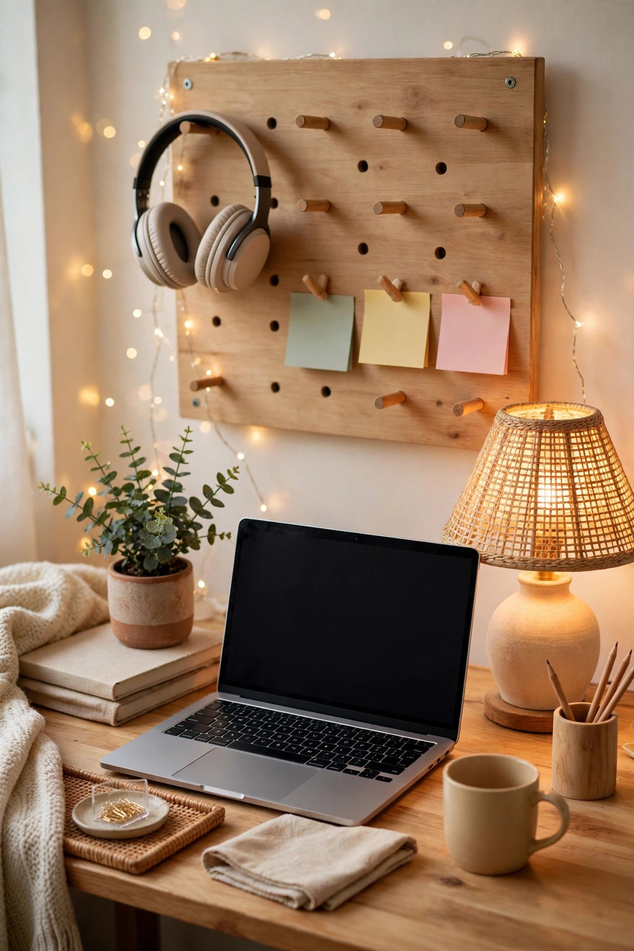 Aesthetic dorm desk setup with warm lamp, pegboard organizer, laptop and small plant