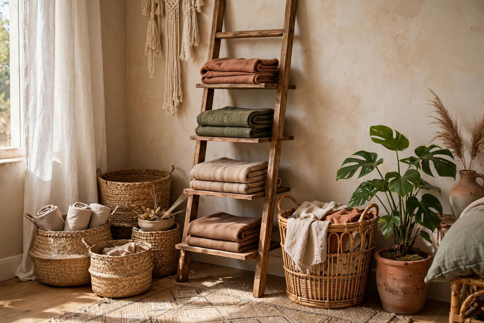 Woven baskets and natural wood storage in a boho bedroom ideas design