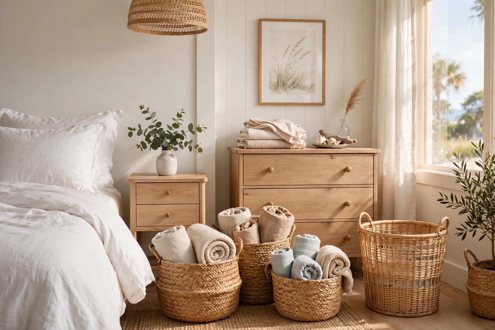 Seagrass baskets and woven storage in a coastal bedroom ideas design