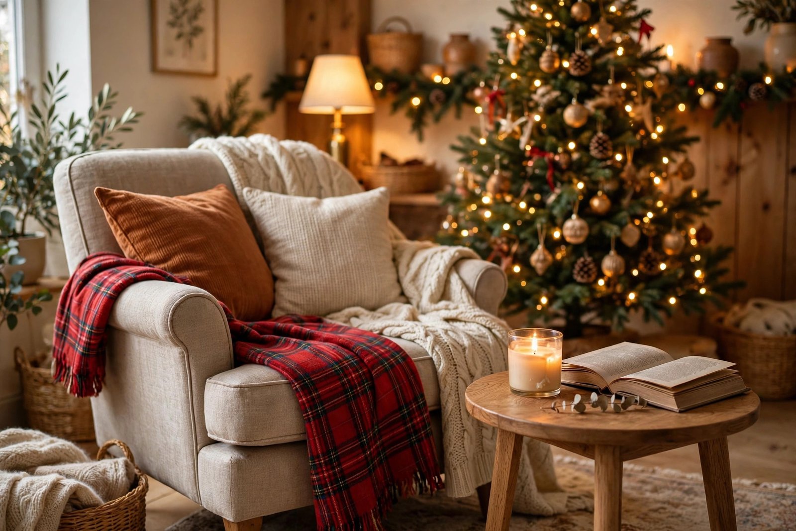 Cozy Christmas reading nook with plaid blanket and tree lights