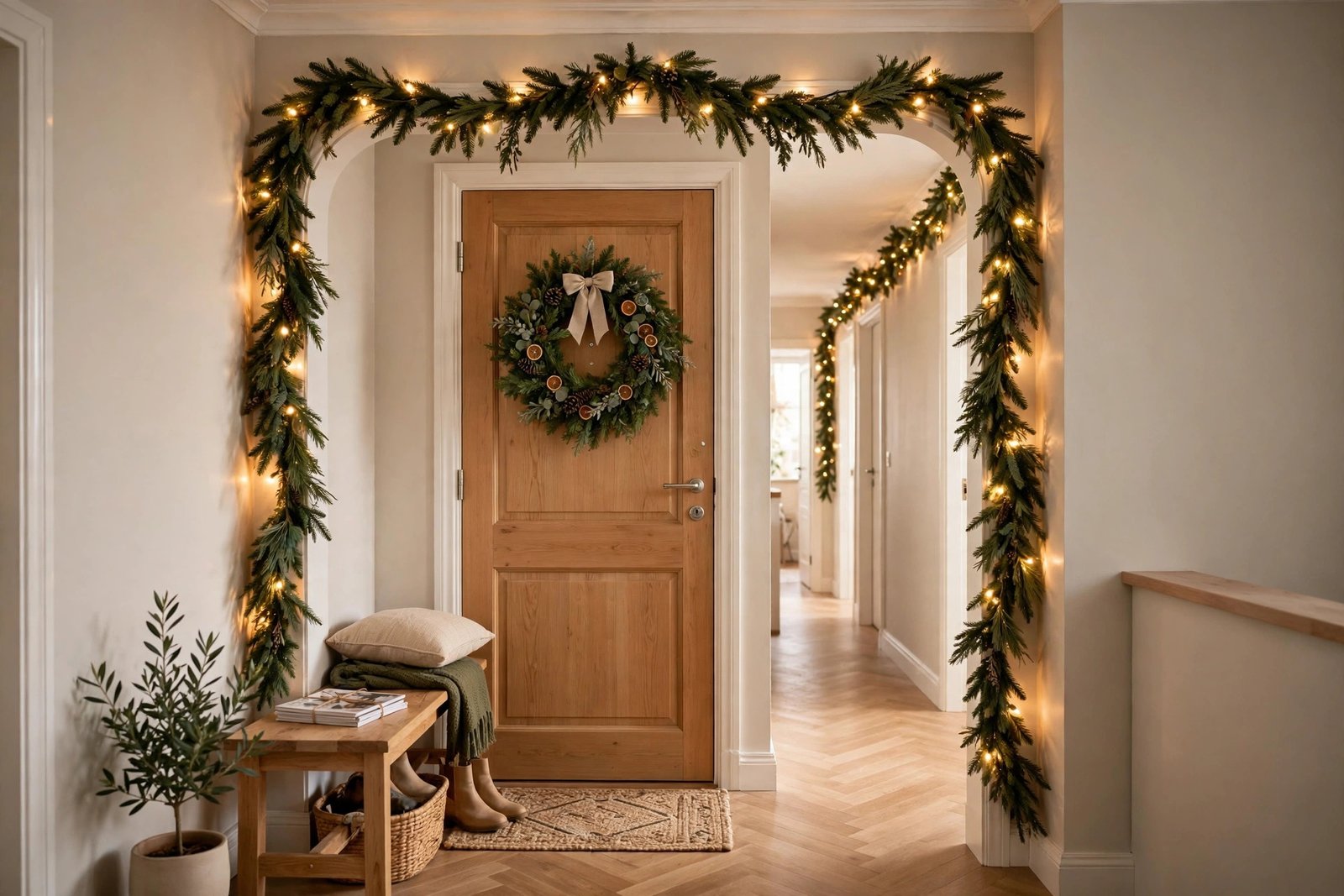 Renter-friendly Christmas door wreath and command-hook garland in an apartment