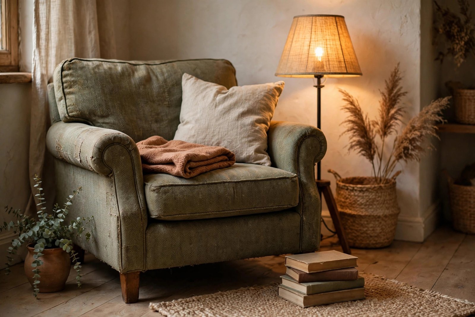 Cozy reading corner with a secondhand armchair, throw blanket and warm lamp light